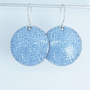 Blue Square Accents on Light Seafoam Green Enamel Disc Earrings - Enamel Jewelry, Enamel Earrings, Geometric Earrings, Geometric Jewelry