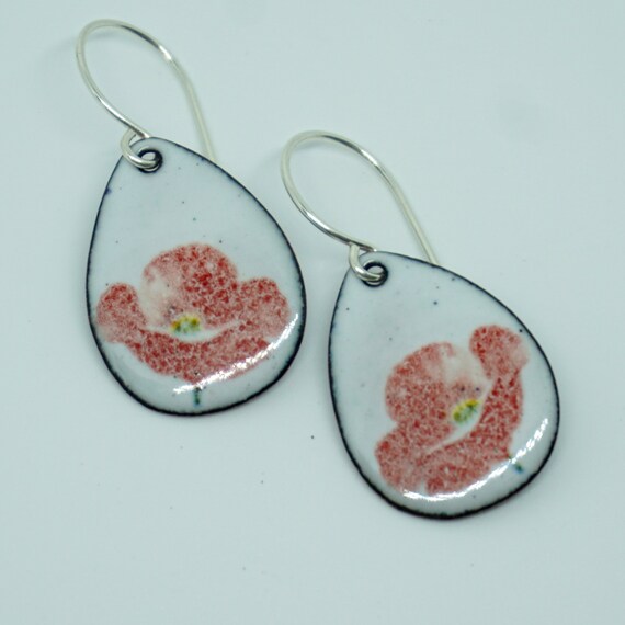 CLEARANCE Red Poppies on White Enamel Earrings