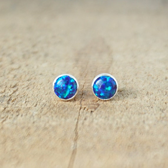 Cobalt Blue Aura Opal Stud Earrings, 6mm