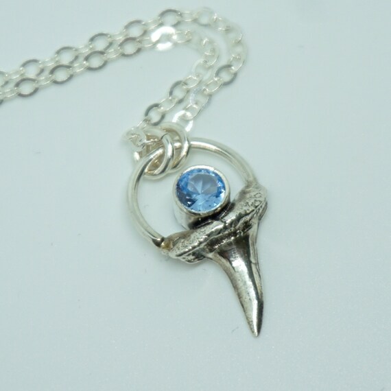 Sterling Silver Sharks Tooth and Blue Spinel Pendant - Aquamarine Blue