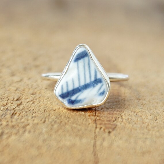 Size 8 Blue and White Sea Pottery Stacking Ring