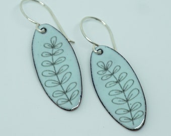 Leaves on Light Seafoam Green Enamel Oval Earrings