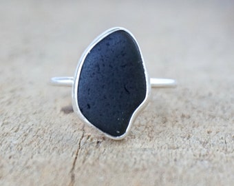 Black Sea Glass Stacking Ring, Size 8 3/4