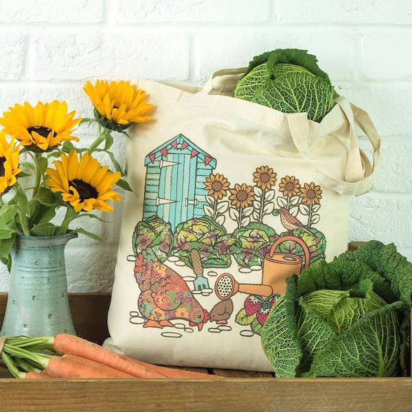 Potting Shed Cotton Tote Bag Chicken Hen Chick Allotment Strawberries Sunflowers Shed Cabbages Plastic-Free Reusable Eco