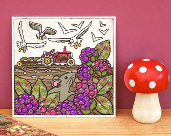 Teatime 148x148mm Postcard Mouse Tractor Countryside Blackberries Seagulls Ploughing Farming