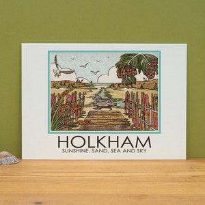 Holkham Beach affiche de voyage A5 carte postale Norfolk bord de mer souvenir scène côtière pendaison de crémaillère cadeau d'art mural pour amoureux des chiens
