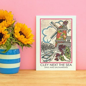 Cley Weiter The Sea A5 Postkarte Windmühlen-Druck Blumencollage Boot Rot Baldrian Norfolk Küste Urlaub Souvenir Mini Art Print