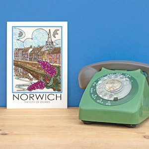 Norwich City of Stories Carte postale A5 Cathedral River Wensum Mini Art cadeau d'anniversaire Amelia Bowman Poster de voyage