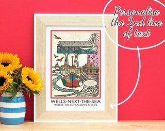 Personalised Wells-Next-The-Sea Travel Poster A4 Art Bespoke Norfolk Landmark Christmas Gift Sticking Filler Birthday Housewarming Gift