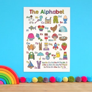 Alphabet A3 29,7x42cm Poster ABC Illustriert A bis Z Kinderzimmer Wandkunst Frühe Jahre Bildung Lernen Kinderzimmer EYFS Collagraph Design