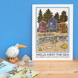 Wells Next the Sea A5 reizen poster briefkaart strand hutten pensioen kaart kust zee golven Norfolk bloemen collage spoorweg kunst