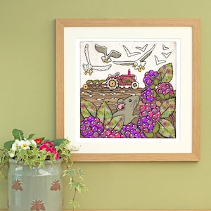 May include: A framed illustration of a red tractor driving through a field of blackberry bushes. A small gray mouse stands near the bushes, looking up at three white birds flying overhead.