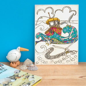 Fischerboot A5 Postkarte Möwen Seagulls Seaside Sea Waves