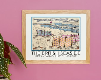 A3 (29.7x42cm) The British Seaside Travel Poster Windbreaks Beach Scene Novelty Poster Gift for Sun Lover Rude Humour Birthday Present