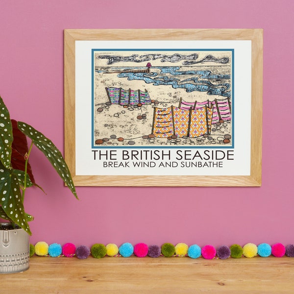 A3 (29,7 x 42 cm) Poster de voyage britannique en bord de mer avec brise-vent, scène de plage, cadeau fantaisie pour les amoureux du soleil, humour grossier, cadeau d'anniversaire