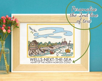 Personalised Wells-Next-The-Sea Travel Poster A4 Art Bespoke Christmas Gift Norfolk Harbour Scene Lifeboat Station Stocking Filler Birthday
