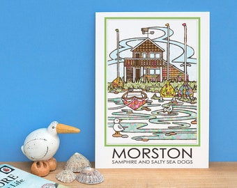 Morston Quay North Norfolk A5 Postcard Black Tower Sailing Boats Dinghies Norfolk Coast Samphire Travel Poster Holiday Souvenir