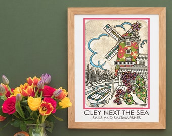 A3 (29.7x42cm) Cley Next The Sea Travel Poster Windmill Art Print North Norfolk Birthday Wedding Gift Holiday Souvenir