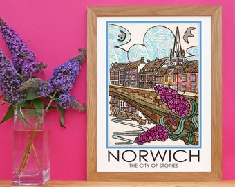 A3 (29.7x42cm) Norwich City of Stories Travel Poster Cathedral River Wensum Gift for Paddle Boarder Housewarming Wedding Gift