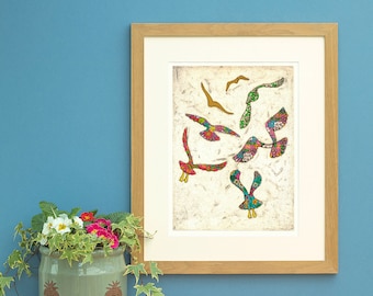 Seagulls (Hibiscus and Dahlia) Original Editioned Collagraph Print Floral Collage Retirement Gift Birthday Birds in Flight