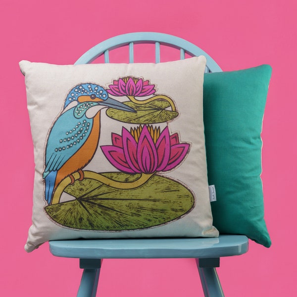 Kingfisher Cushion Cover Scatter Cushion Waterlilies Gift For Friend Water Birds Wildlife Cushion Birthday Housewarming Gift for Angler
