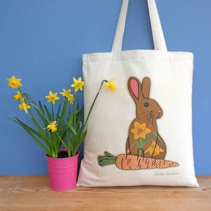 Easter Bunny Rabbit Cotton Tote Bag Plastic-Free Reusable Eco Daffodil Spring Flowers Easter Mother&#39;s Day Birthday Gift for Child