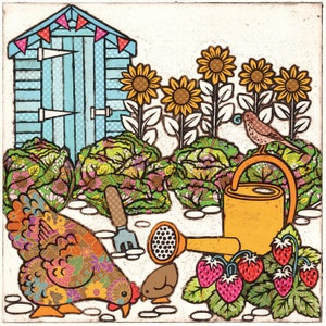 Carte postale de scène d'attribution 148x148mm, hangar de rempotage, patch de légumes, poulet à gratter, poussin de poule