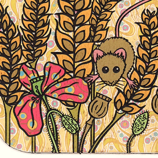 Ernte Maus Postkarte A5 Feldmaus Weizen Mohn Bäume