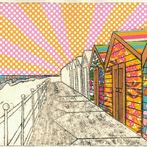 Beach Huts A5 Postkarte Blumen Sonnenuntergang Sonnenaufgang Meer Strand