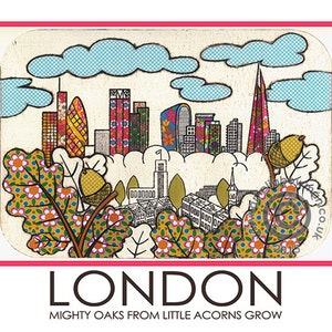 Londres Carte postale A5 Skyline City Cornichon éclats Talkie-walkie Floral Feuilles de chêne glands