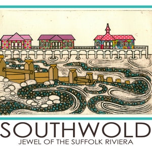 Carte postale Southwold A5 Jetée, vagues, bord de mer