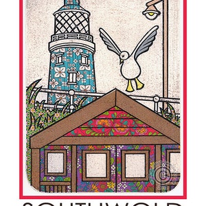 Southwold A5 Postkarte Leuchtturm Strandhütte Möwe