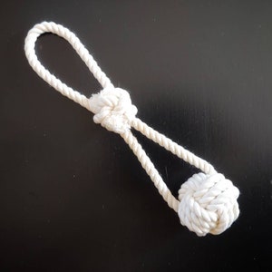 May include: White cotton rope dog toy with two knotted balls at the ends.