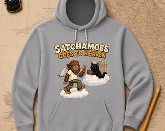 Lustiger Engel-Hoodie für Damen und Herren, Sasquatch-Himmel-Geschenk-Sweatshirt, Halo-Flügel-Hoodie mit schwarzer Katze, Satchamoes kommt in den Himmel