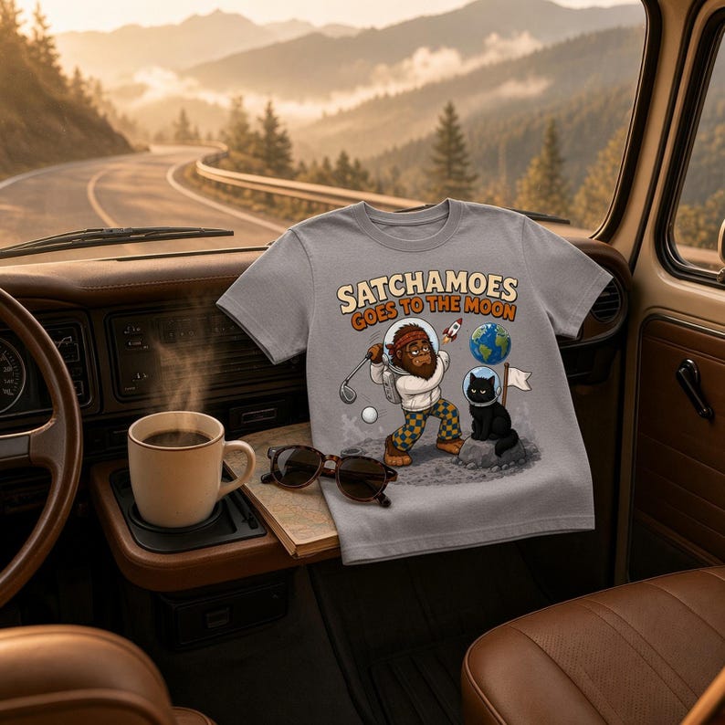 Satchamoes Goes to the Moon, Funny Moon Shirt, Astronaut Golf Tee, Sasquatch Space Gift, Black Cat Helmet image 1