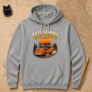 Road Trip Gift Hoodie Men Women, Funny Sasquatch Camper Van Sweatshirt, Vintage Van Kayak Hoodie Black Cat, Satchamoes Goes Cruising image 1