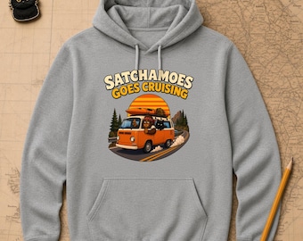 Satchamoes Goes Cruising, Funny Sasquatch Hoodie, Black Cat Sweatshirt, Road Trip Hoodie, Camper Van Life Gift, Vintage Van Hoodie