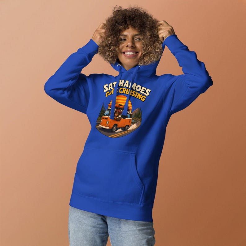 Road Trip Gift Hoodie Men Women, Funny Sasquatch Camper Van Sweatshirt, Vintage Van Kayak Hoodie Black Cat, Satchamoes Goes Cruising image 5