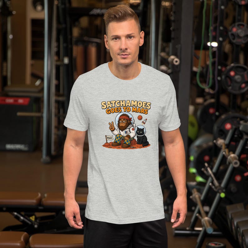 Funny Astronaut Shirt, Sasquatch Space Tee, Funny Sasquatch on Mars, Black Cat Space Helmet, Space Nerd Gift, Satchamoes Goes to Mars