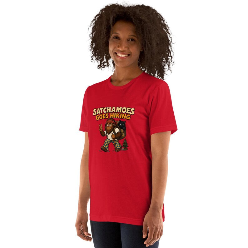Funny Hiking Shirt, Sasquatch Hiker Gift, Funny Sasquatch Camping Tee, Black Cat in Backpack Trail Shirt, Satchamoes Goes Hiking