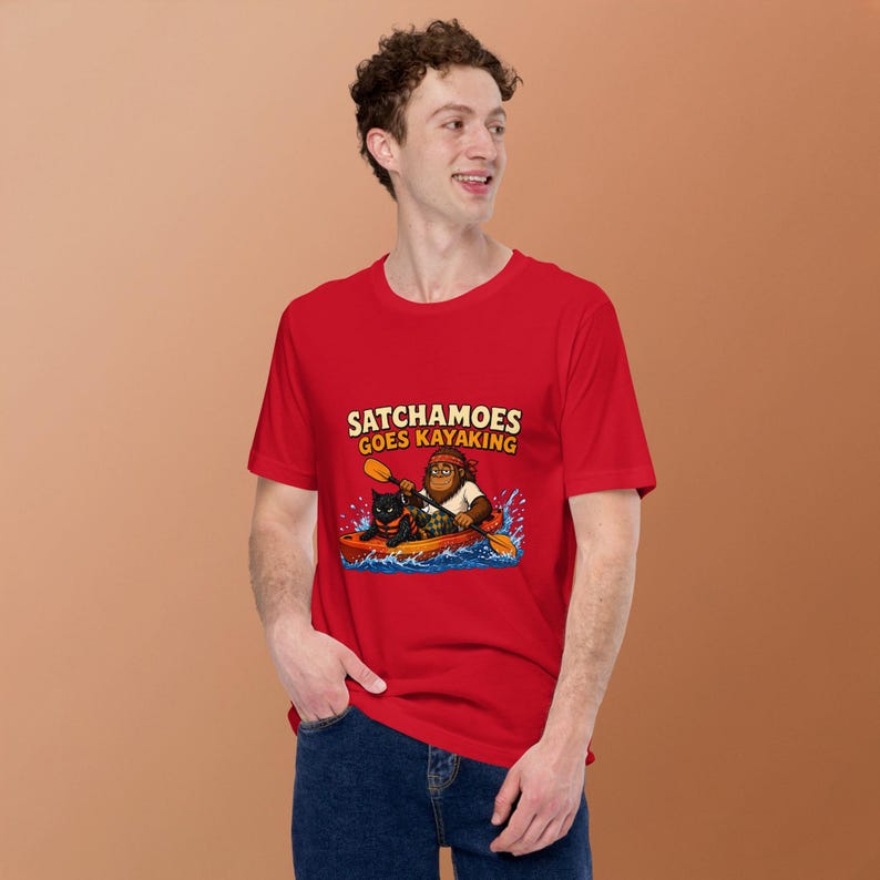 Satchamoes Goes Kayaking, Funny Kayak Shirt, Sasquatch Kayaking Tee, Funny Sasquatch Kayaker Gift, Wet Black Cat in Life Vest image 3