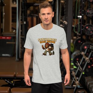 Funny Hiking Shirt, Sasquatch Hiker Gift, Funny Sasquatch Camping Tee, Black Cat in Backpack Trail Shirt, Satchamoes Goes Hiking