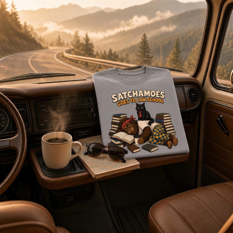 May include: A light gray t-shirt featuring a graphic of a brown creature wearing a red headband and glasses, lying among stacks of books with a black cat wearing a red tie. The text reads SATCHAMOES GOES TO LAW SCHOOL in orange and black letters.