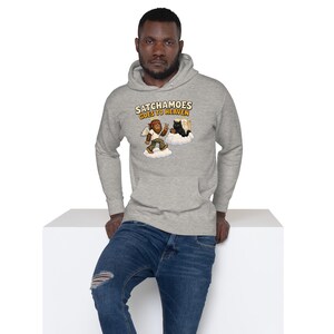 Moletom com capuz de anjo engraçado para homens e mulheres, moletom presente Sasquatch Heaven, moletom com capuz de asas de auréola Black Cat Gates, Satchamoes vai para o céu imagem 2