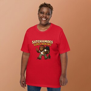 Funny Hiking Shirt, Sasquatch Hiker Gift, Funny Sasquatch Camping Tee, Black Cat in Backpack Trail Shirt, Satchamoes Goes Hiking