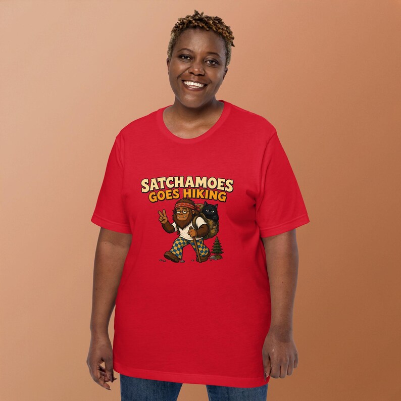 Funny Hiking Shirt, Sasquatch Hiker Gift, Funny Sasquatch Camping Tee, Black Cat in Backpack Trail Shirt, Satchamoes Goes Hiking