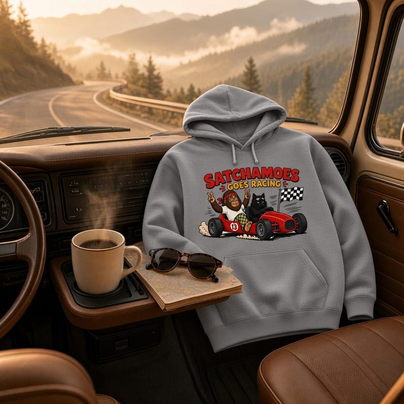 Funny Racing Hoodie Men Women, Sasquatch Race Car Gift Sweatshirt, Checkered Flag Hoodie Black Cat, Satchamoes Goes Racing image 1