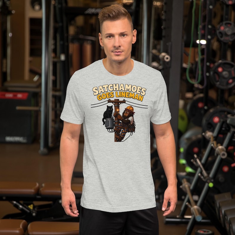 Funny Lineman Shirt Men Women, Sasquatch Utility Worker Gift Tee, Electrician Power Line Shirt Black Cat, Satchamoes Goes Lineman