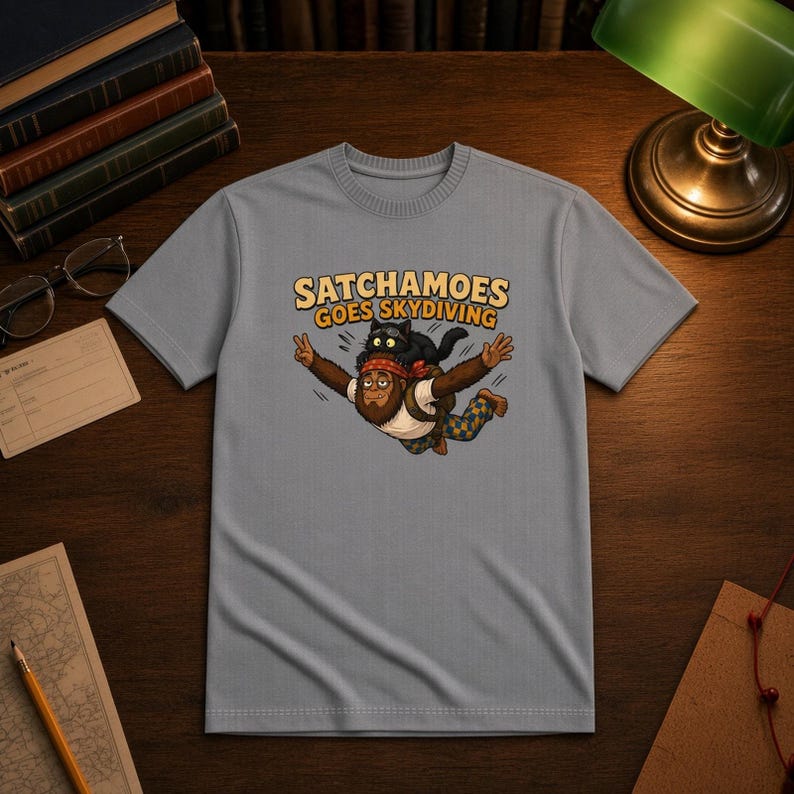 Funny Skydiving Shirt Men Women, Sasquatch Skydiver Gift Tee, Parachute Shirt with Scared Black Cat, Satchamoes Goes Skydiving imagen 1