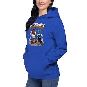 Funny Moon Hoodie Men Women, Sasquatch Astronaut Golf Sweatshirt, Space Gift Hoodie Black Cat Helmet, Satchamoes Goes to the Moon image 4